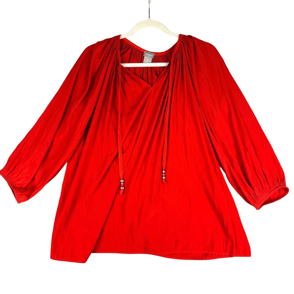 Chico's Top Women's 1 Medium 8/10 Red Long Sleeve Pullover V-Neck Tassle Stretch